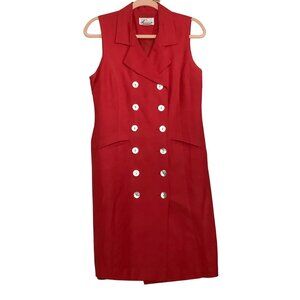 Vtg‎ Linane Red Double Breasted Buttons Sleeveless Linen Blend Dress Women Sz 12